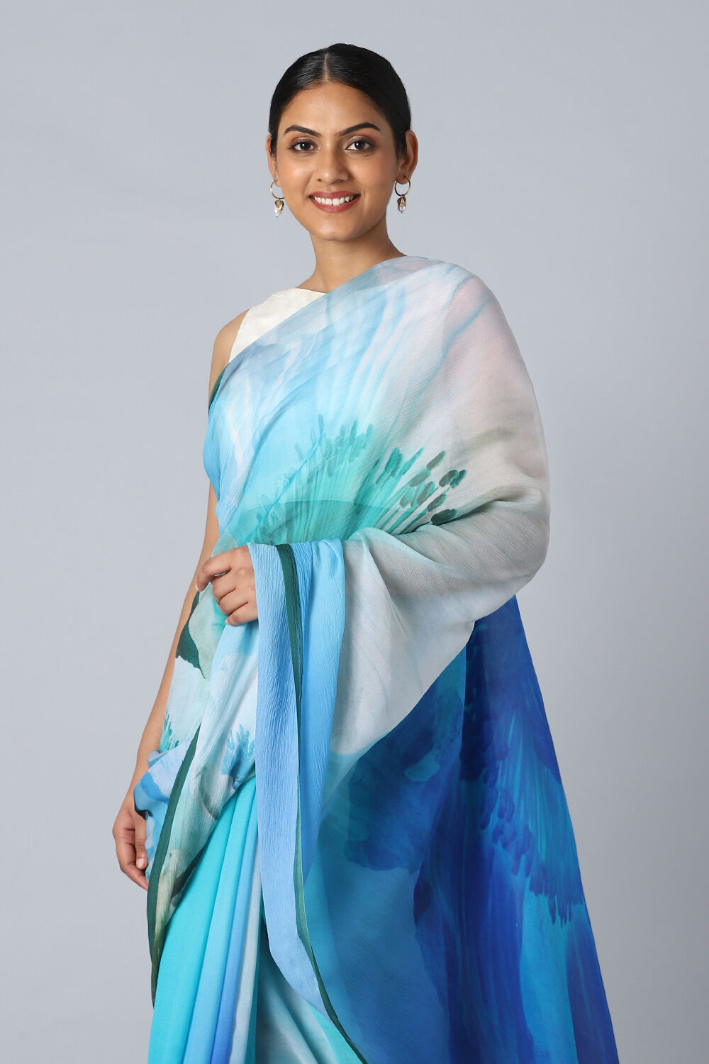 Blue Pure Chiffon Digital Printed Saree image number null