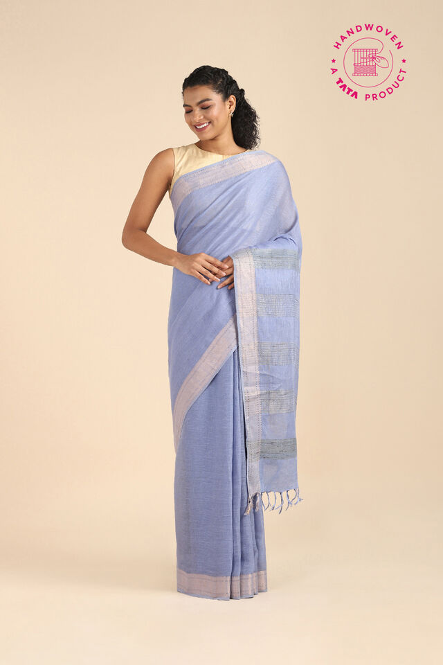 Blue Pure Cotton Linen Bhagalpuri Saree