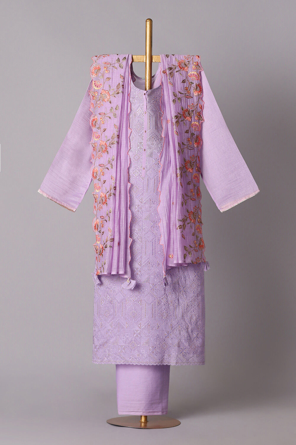 Purple Silk Cotton Embroidered Semistitched Suit Set image number null