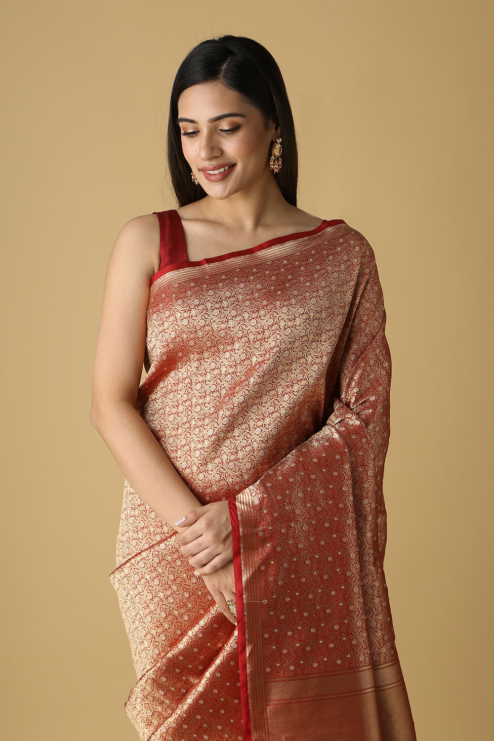 Dark Red Pure Silk Banarasi Saree image number null