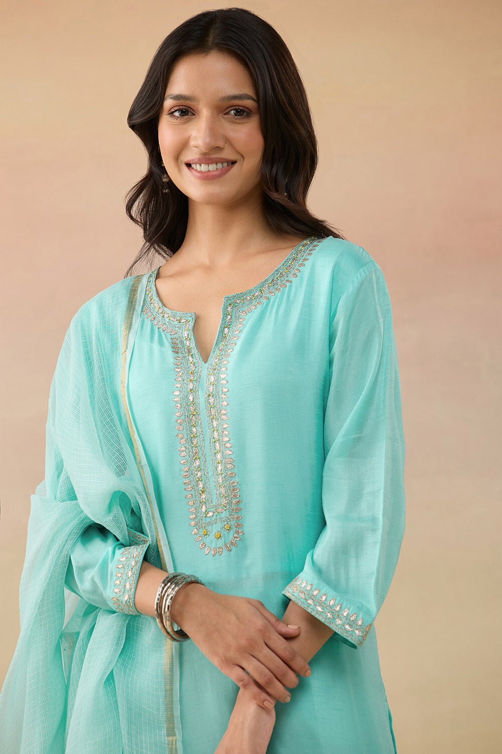 Light Blue Pure Viscose Embroidered Kurta Set image number null