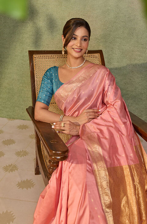 Light Pink Silk Viscose Cutwork Banaras  Saree