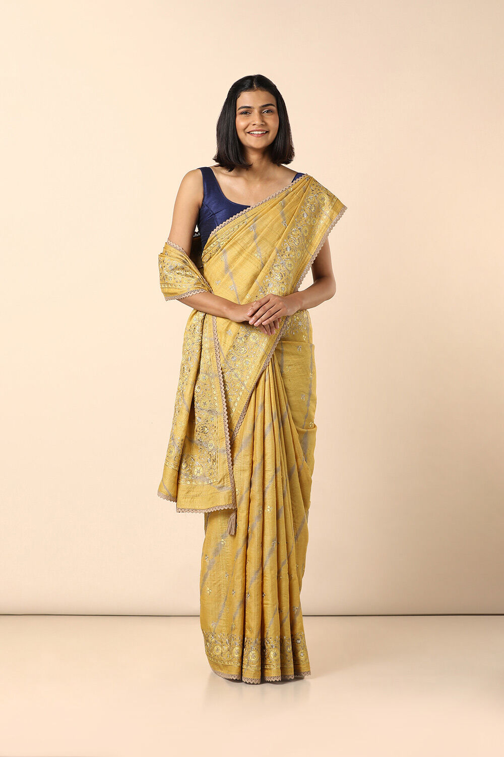 Yellow Embroidered Pure Tussar Saree image number null