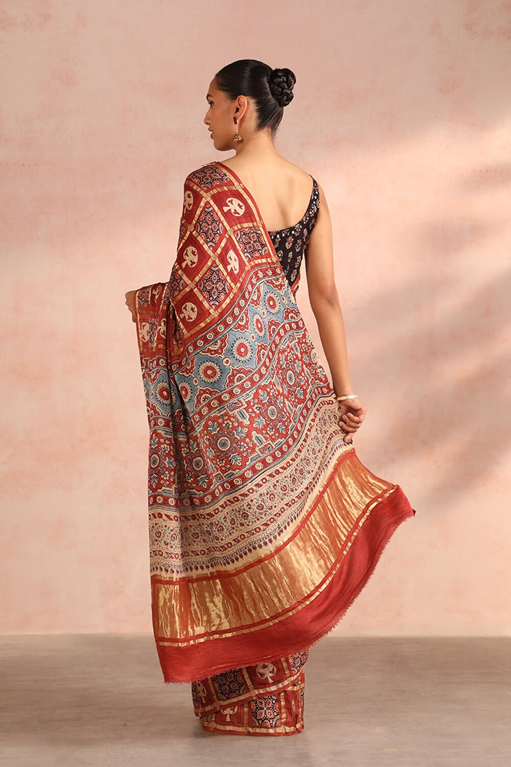 Red Gujarat Pure Silk Ajrakh Block Print Saree image number null