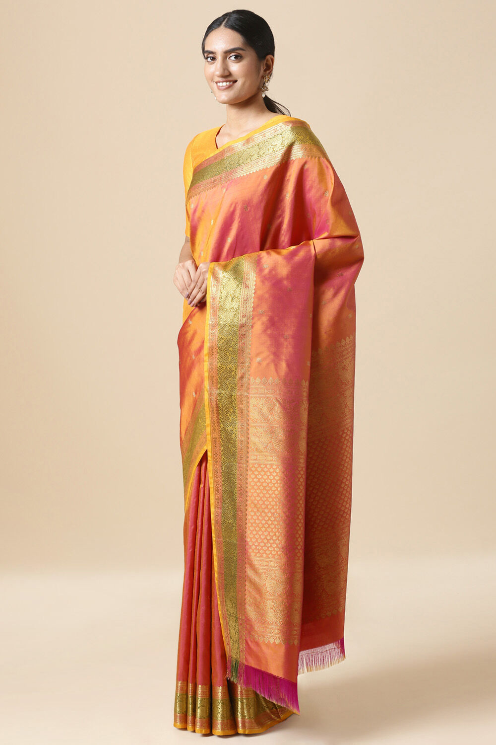 Orange Pink Kanjivaram Pure Silk Saree image number null