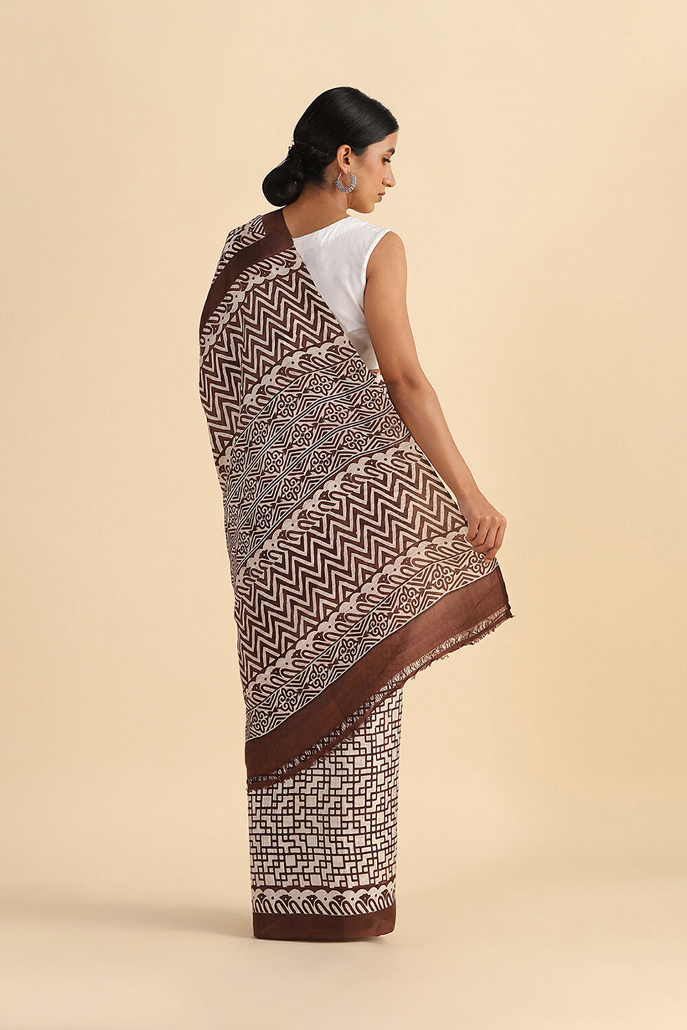 Off White Hand Blockprinted Pure Silk Saree image number null