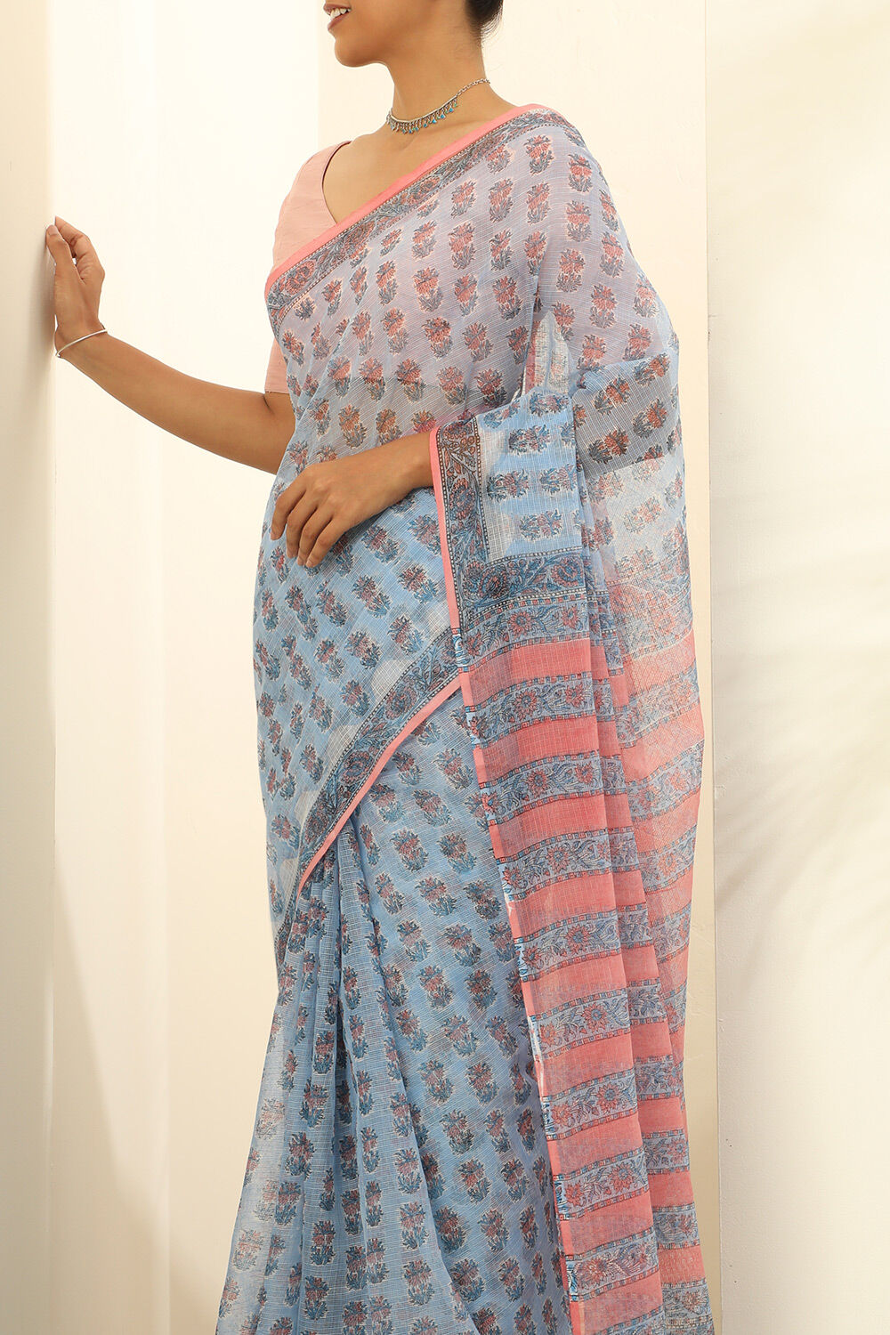 Light Blue Pure Cotton Kota Bagru Block Printed Saree image number null