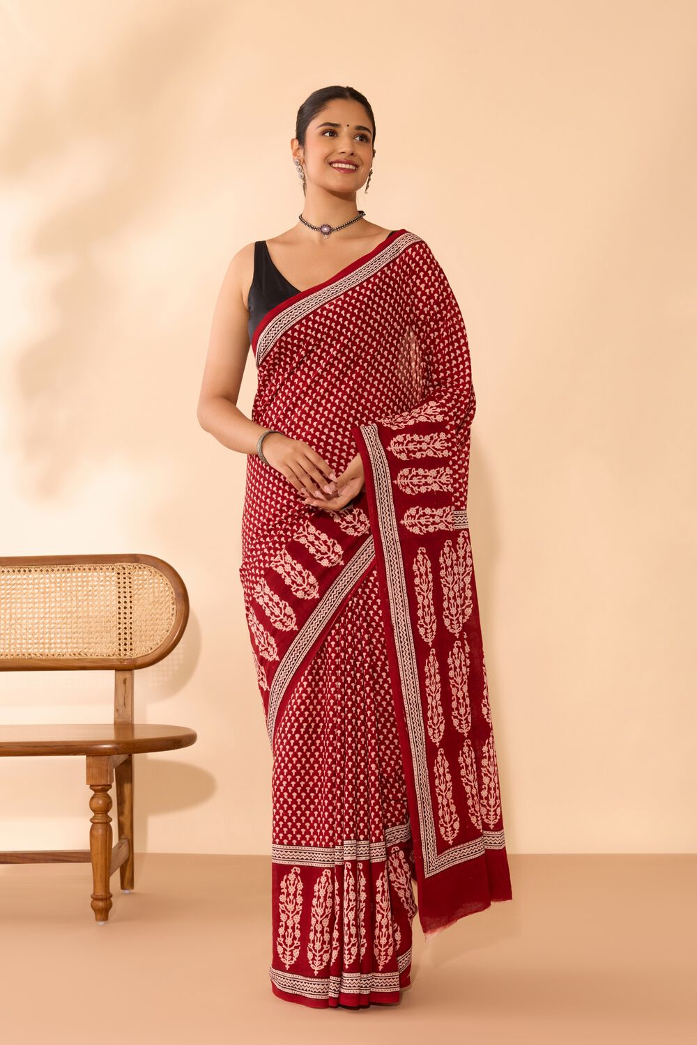 Red Bagh Block Printed Pure Cotton Saree image number null
