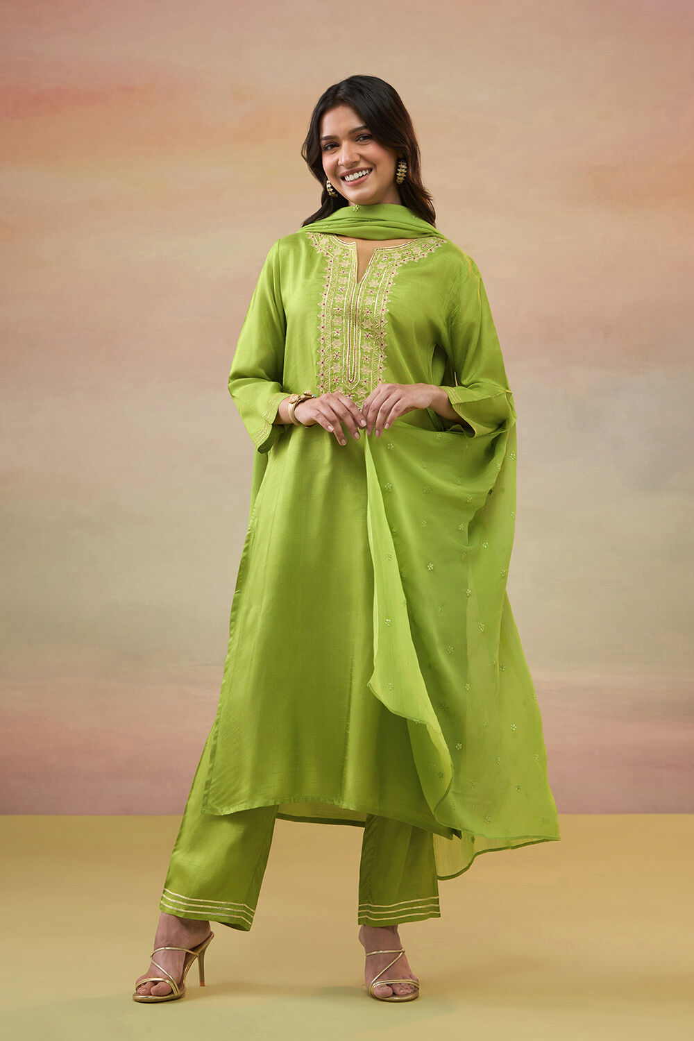 Green Pure Viscose Embroidered Kurta Set image number null