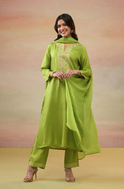 Green Pure Viscose Embroidered Kurta Set