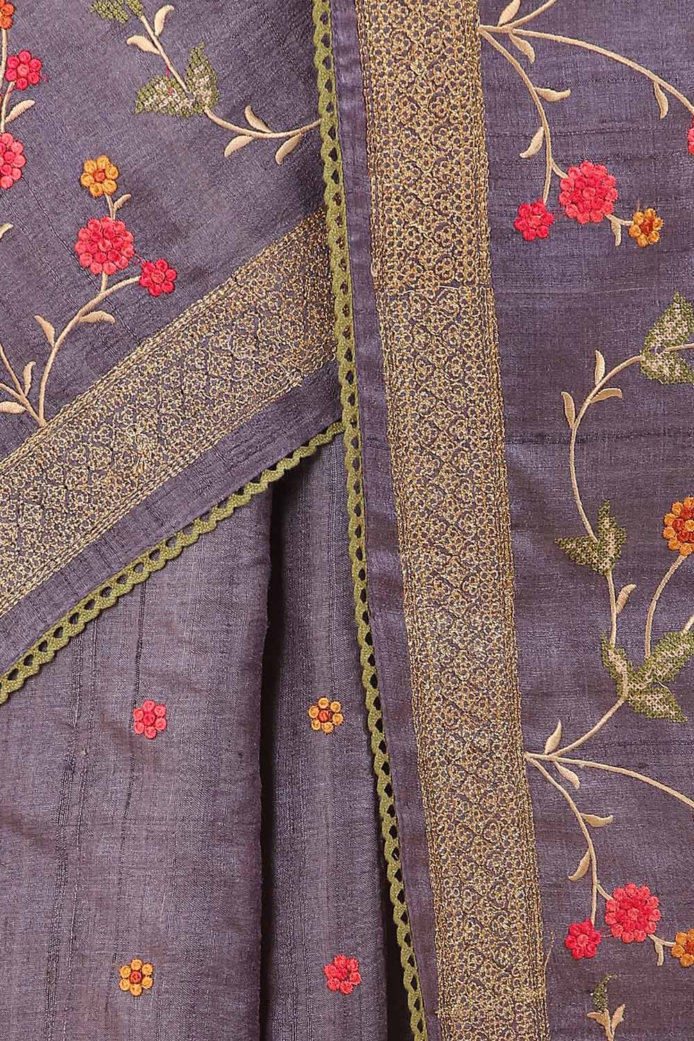 Violet Pure Tussar Silk Embroidered Saree image number null