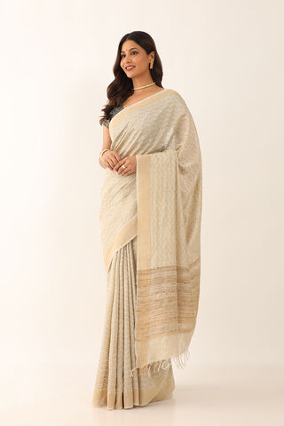 Off White Tussar Silk Block Print Saree thumbnail image number null