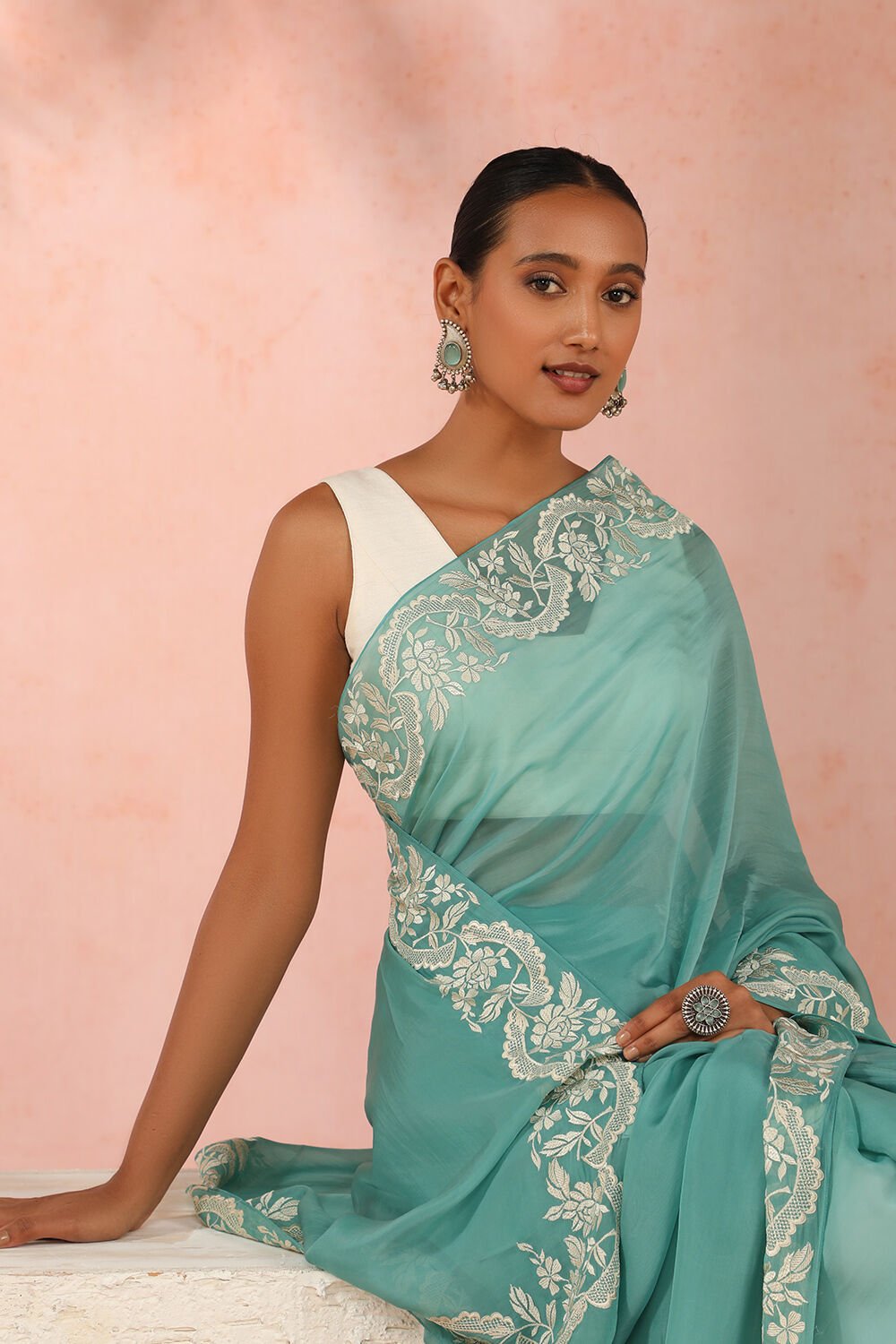 Ocean Green Contemporary Viscose Organza Embroidery Saree Taneira Online Store