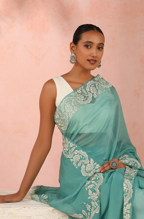 Ocean Green Contemporary Viscose Organza Embroidery Saree