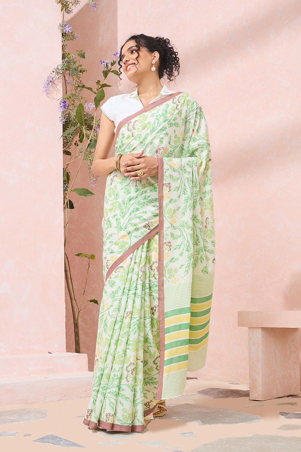 Light Green Rajasthan Screen Printed Pure Cotton Saree image number null