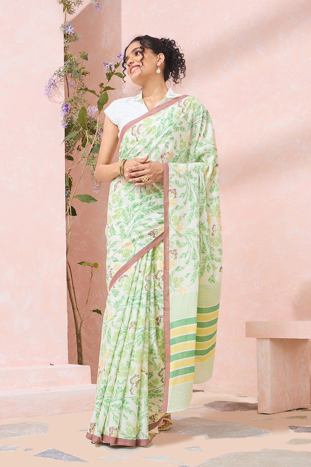 Light Green Rajasthan Screen Printed Pure Cotton Saree image number null