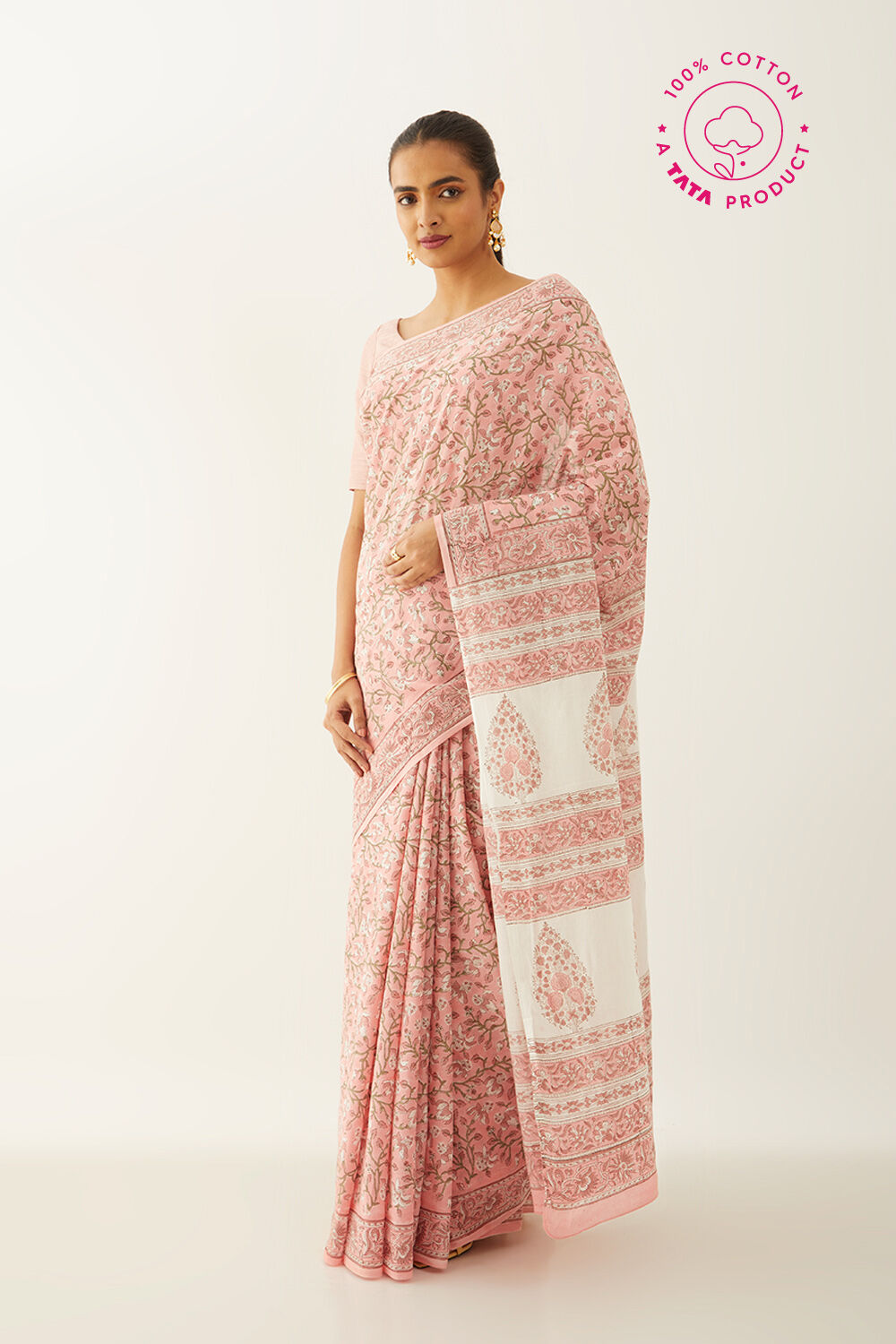 Pink Pure Cotton Block Print Saree image number null