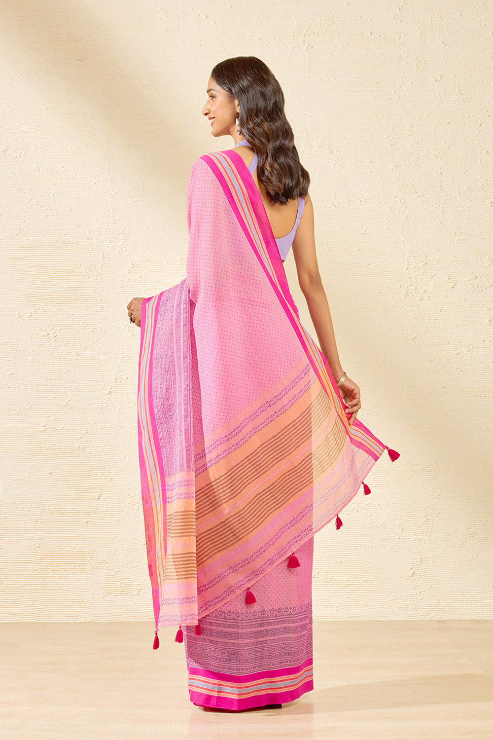 Dark Pink Pure Cotton Block Printed Bengal Saree image number null