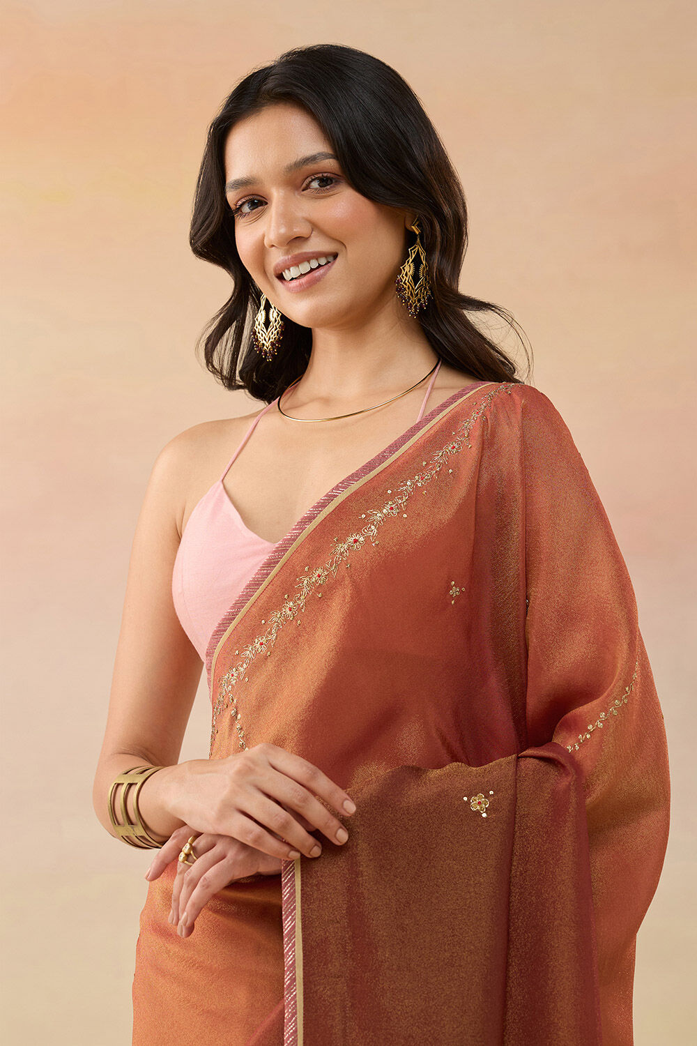 Red Viscose Tissue Embroidered Saree image number null