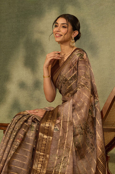 Brown Printed Pure Viscose Saree