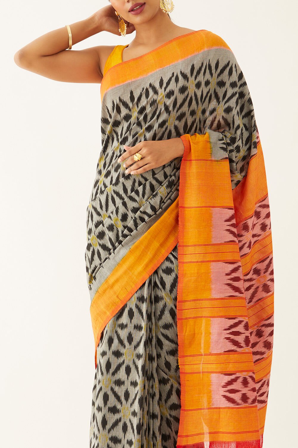 Grey Pure Cotton Pochampalli Ikat Saree image number null