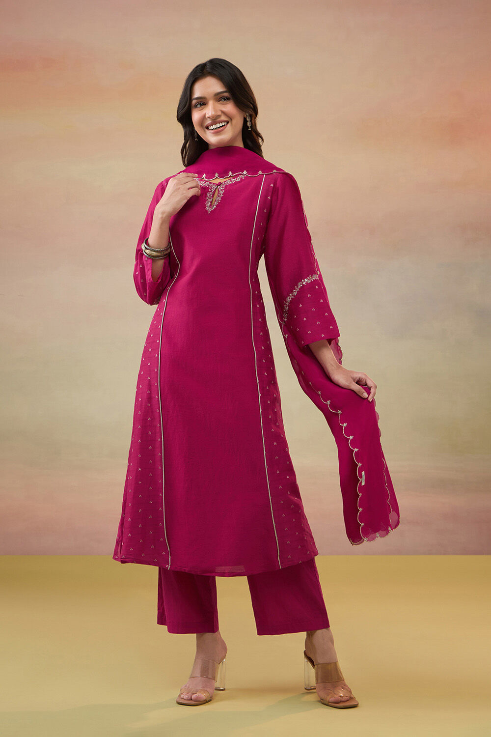 Dark Pink Pure Silk Cotton Embroidered Kurta Set image number null
