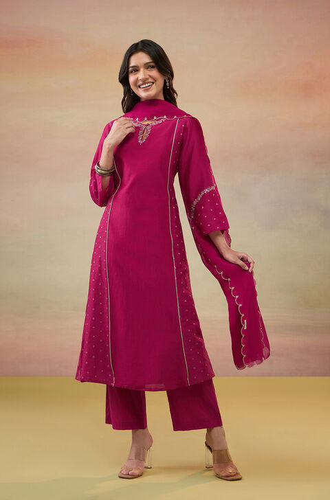Dark Pink Pure Silk Cotton Embroidered Kurta Set