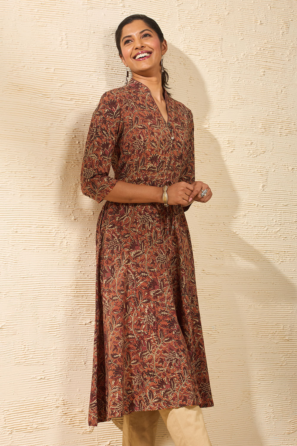 Orange Block Printed Kalamkari Pure Cotton Kurta image number null