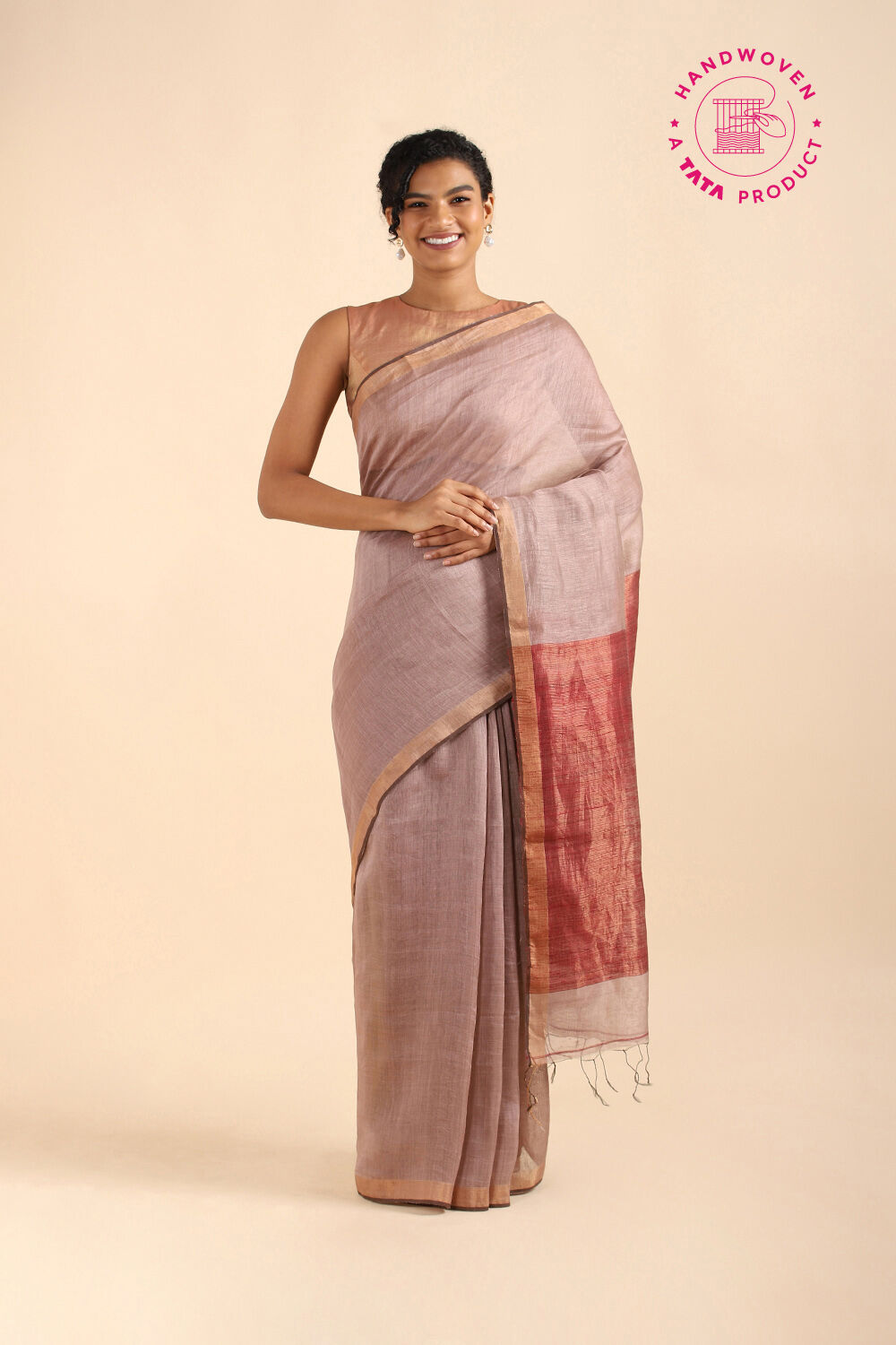 Violet Pure Silk Linen Bengal Saree image number null