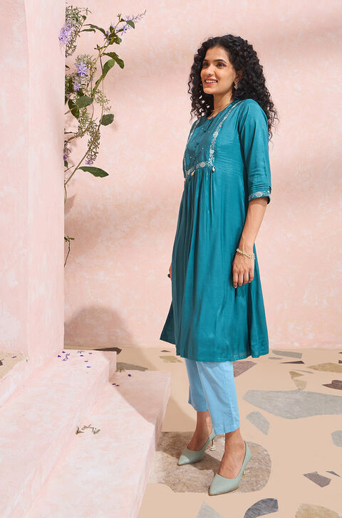 Dark Blue Viscose Embroidered Kurta