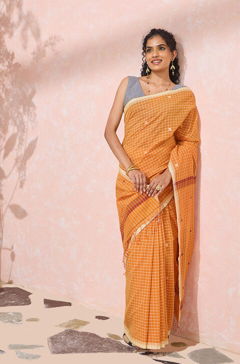 Dark Orange Bengal Pure Cotton Jamdani Saree