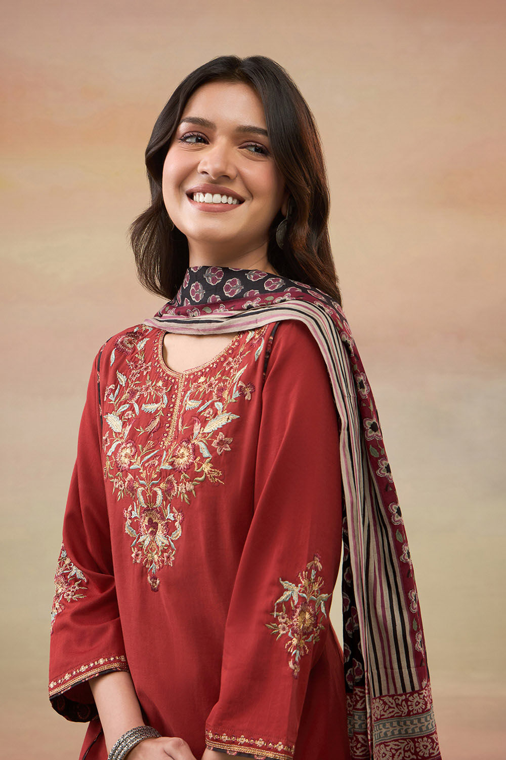 Dark Red Pure Cotton Embroidered Kurta Set image number null