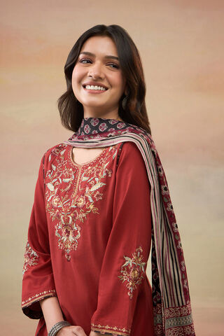 Dark Red Pure Cotton Embroidered Kurta Set thumbnail image number null