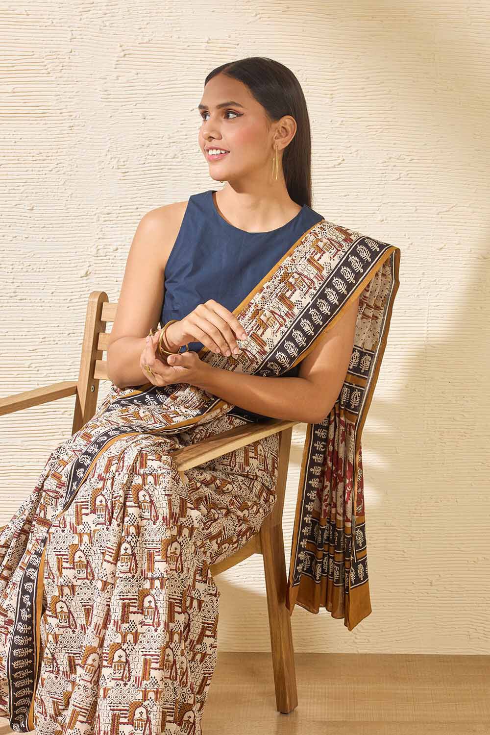 Beige Bagru Block Printed Pure Cotton Saree image number null