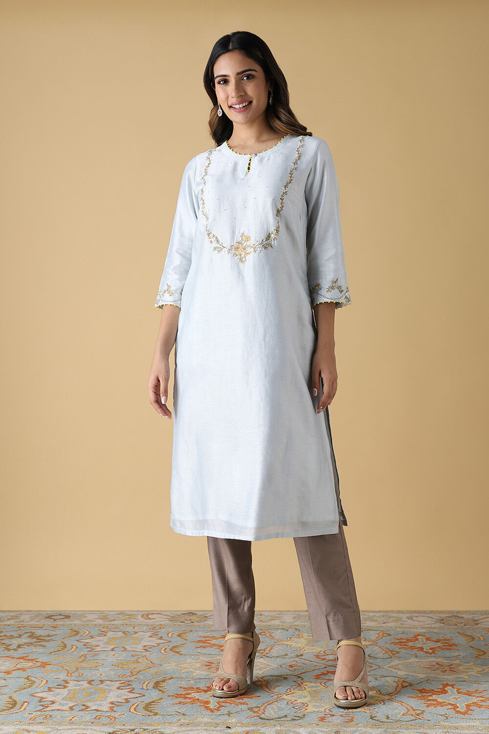 Light Blue Silk Cotton Embroidered Kurta image number null