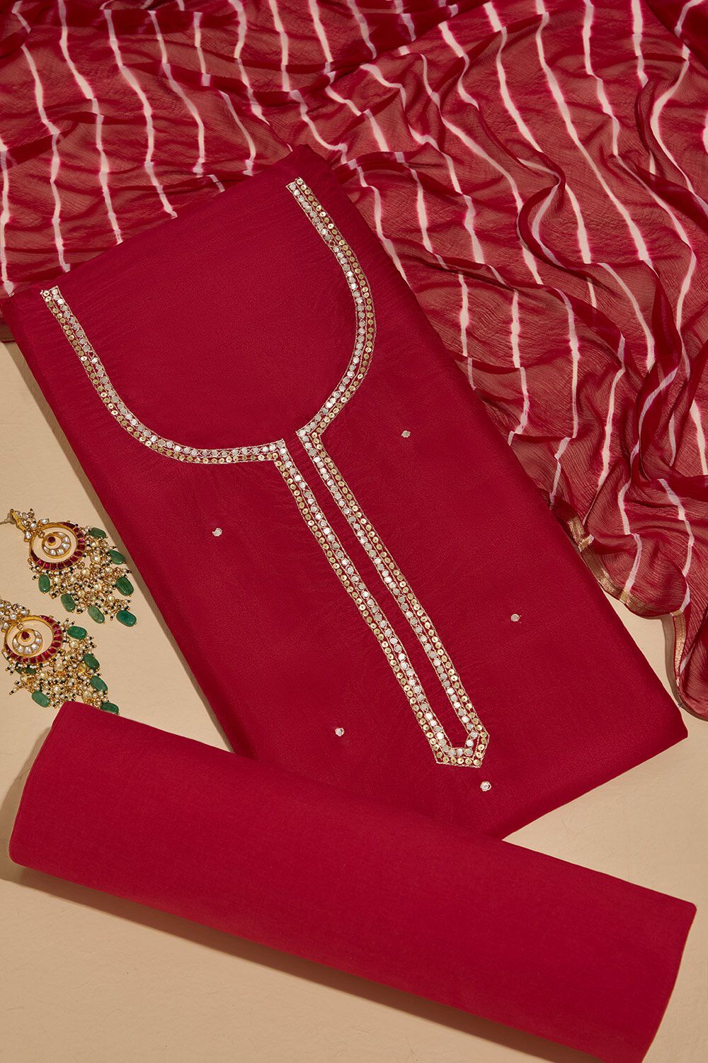 Red Viscose Gota Patti Unstitched Suit Set image number null