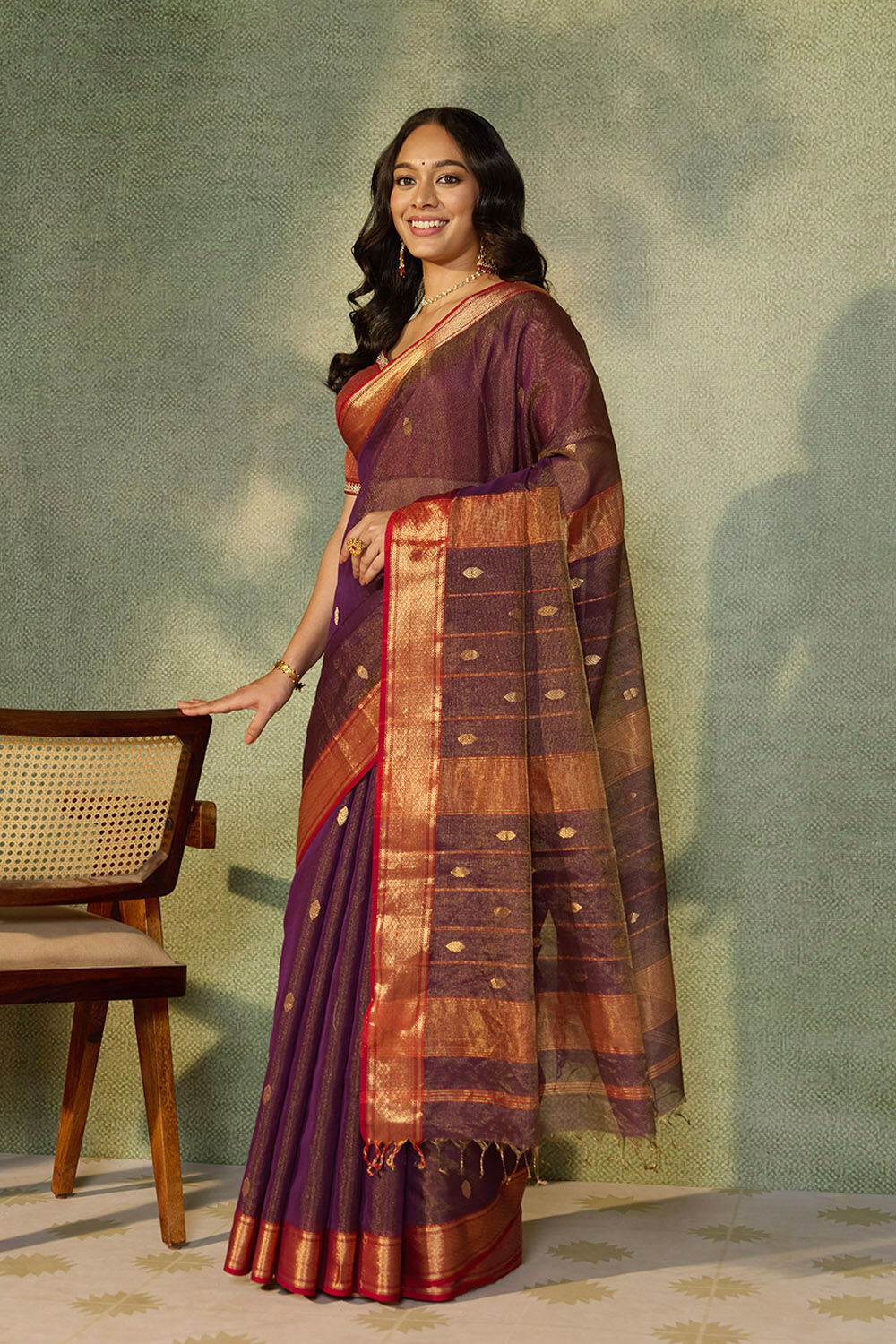 Purple Woven Pure Tissue Cotton Maheshwari Saree image number null