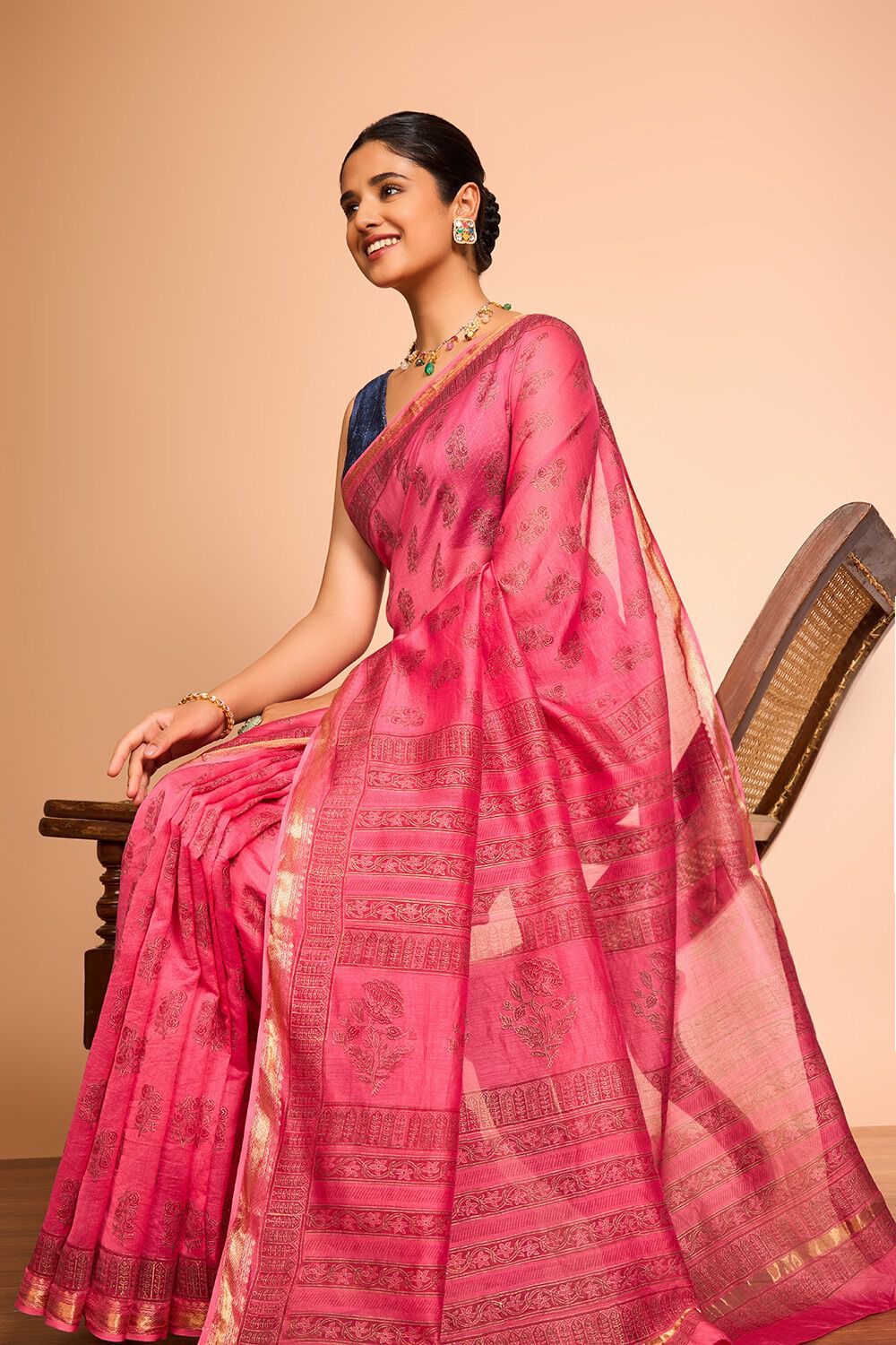 Pink Rajasthan Pure Silk Cotton Printed Sanganeri Saree image number null