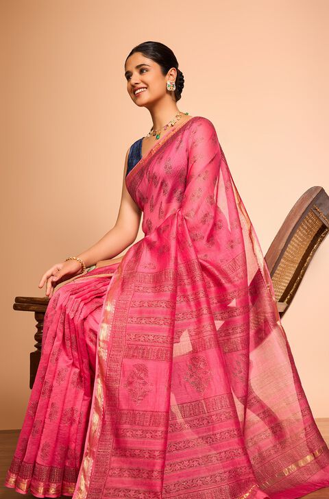 Pink Rajasthan Pure Silk Cotton Printed Sanganeri Saree