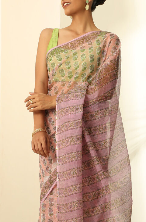 Light Pink Pure Cotton Kota Bagru Block Printed Saree
