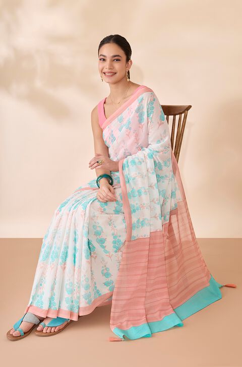 Off White Bengal Screen Printed Pure Cotton Mulmul Saree