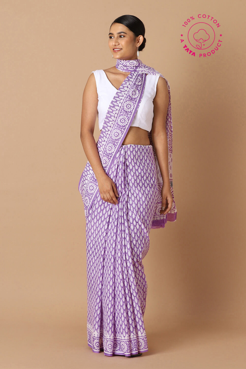 Purple Pure Cotton Sanganeri Printed Saree image number null
