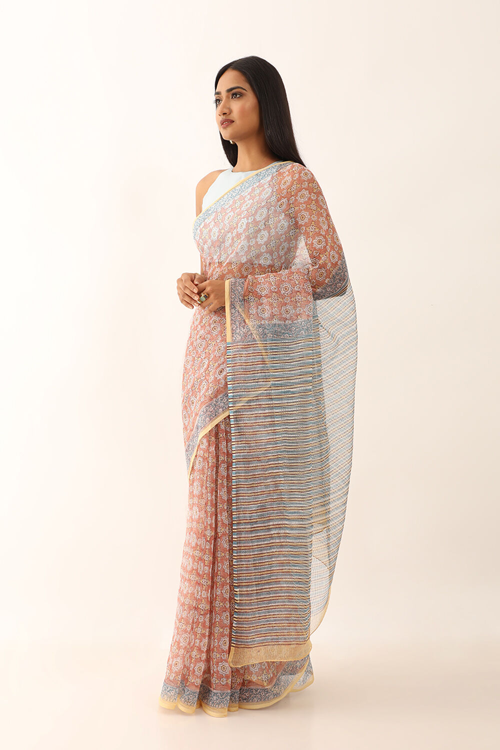Brown Pure Kota Bagru Block Printed Saree image number null