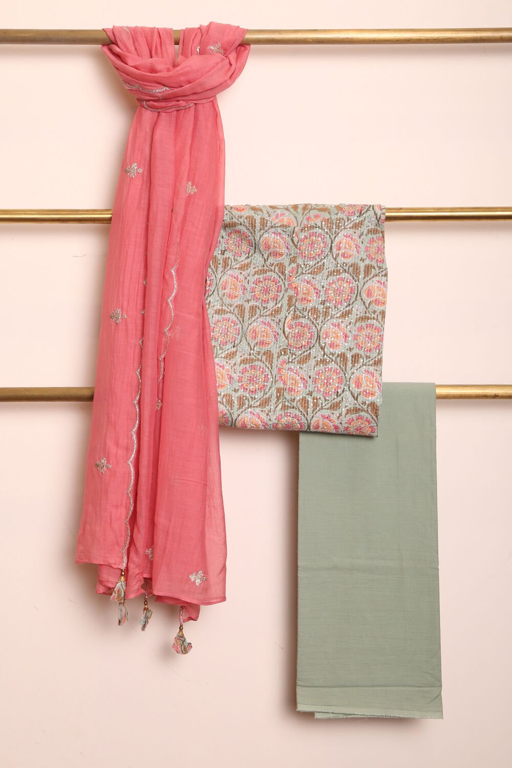Light Green Embroidered Pure Cotton Suit Set image number null