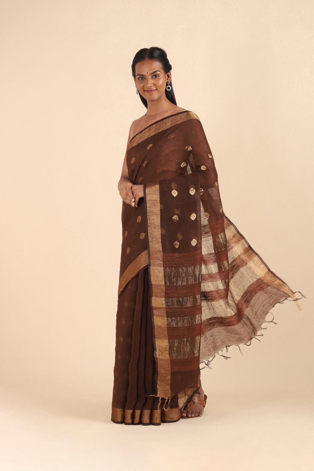 Brown Pure Silk Linen Bengal Saree image number null