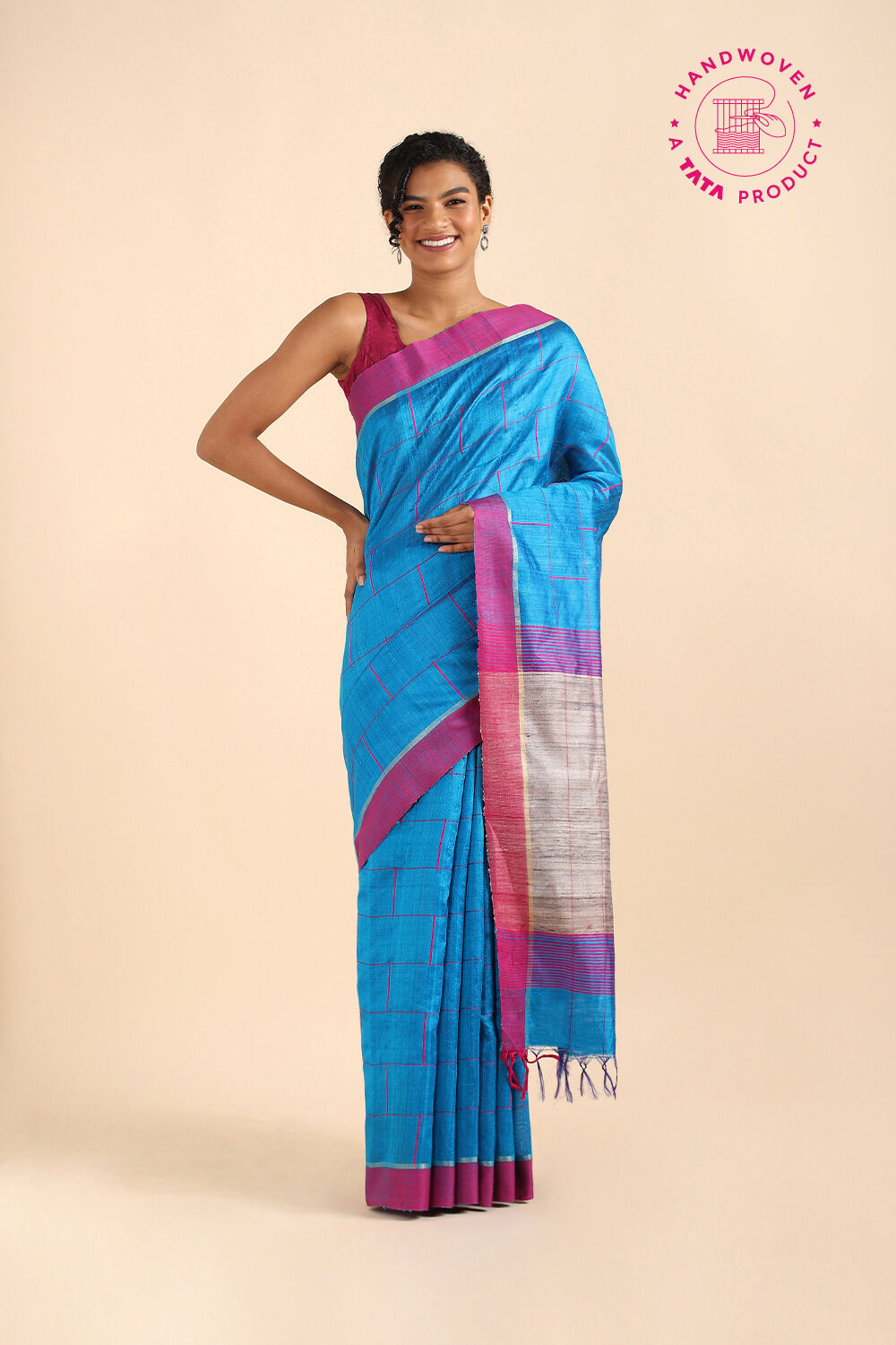 Light Blue Pure Tussar Silk Bhagalpuri Saree image number null