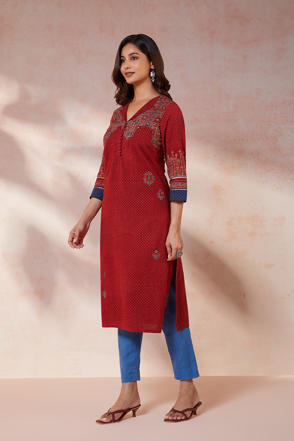 Red Pure Cotton Ajrakh Bandhani Kurta image number null