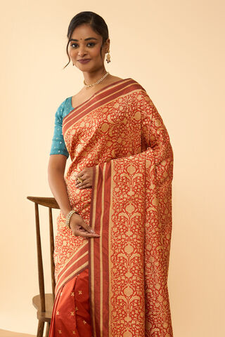 Dark Orange Pure Silk Cutwork Banarasi Saree thumbnail image number null
