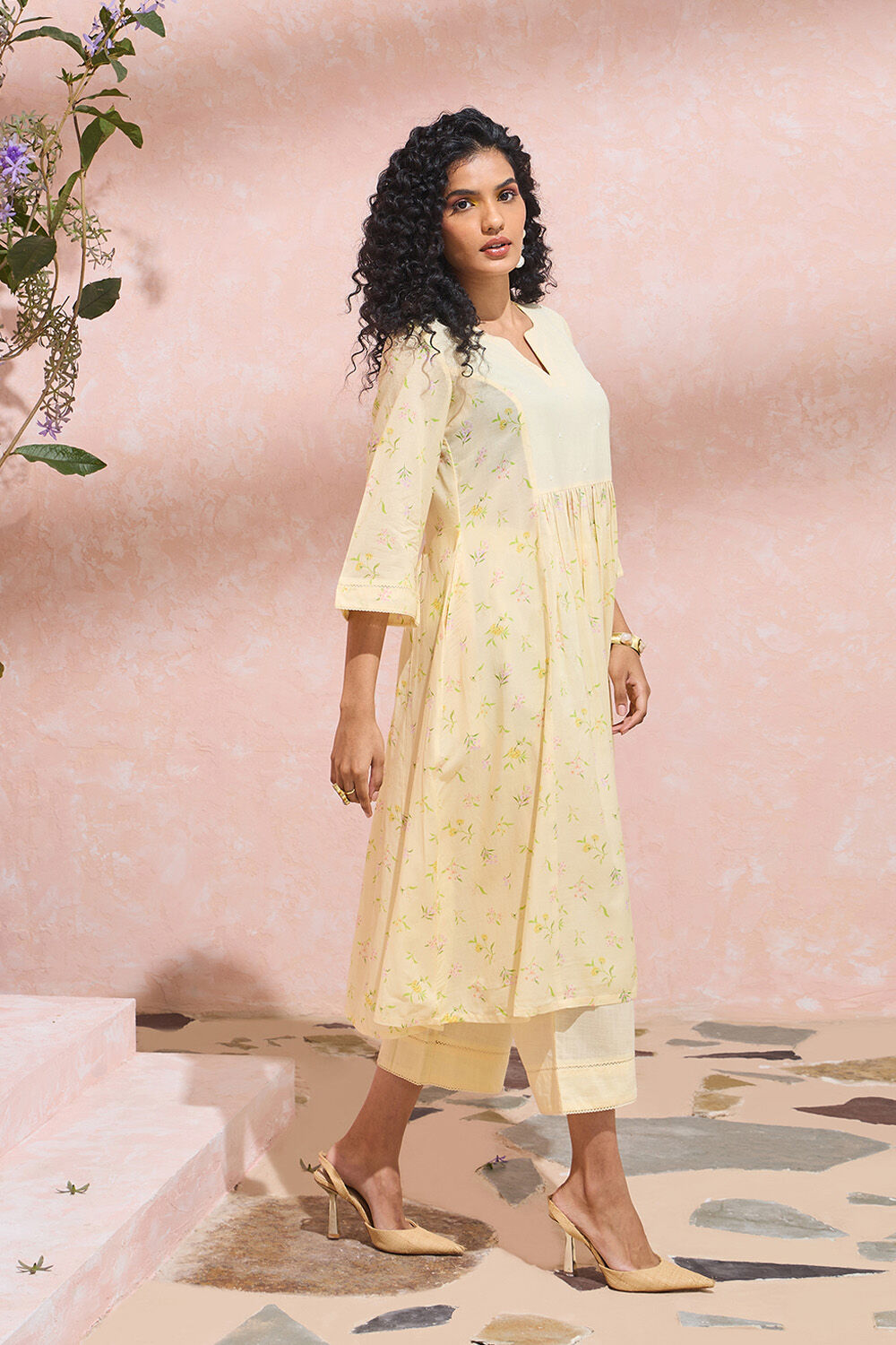 Light Yellow Printed Cotton Viscose Kurta Set image number null
