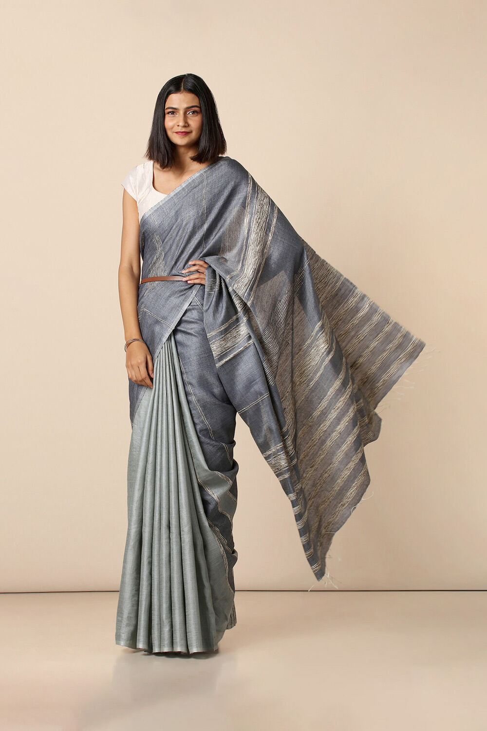 Grey Pure Tussar Woven Saree image number null